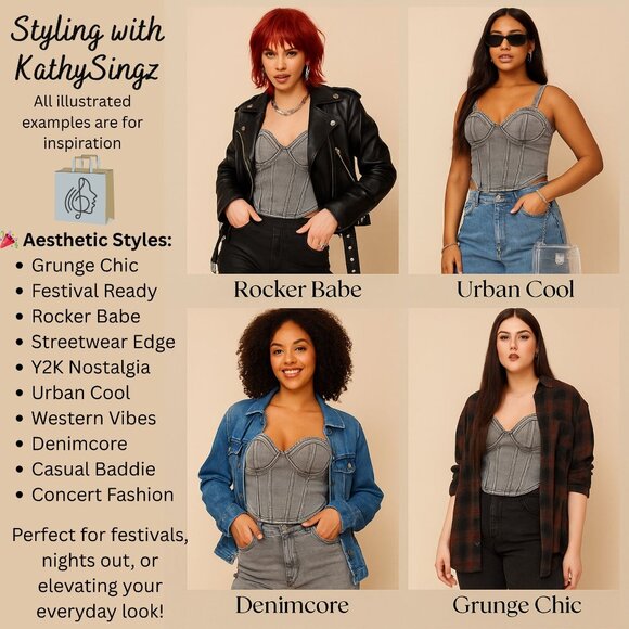 PrettyLittleThing Washed Grey Dip Hem Denim Corset Top Size 6 Bustier Bust Cup - Picture 3 of 9